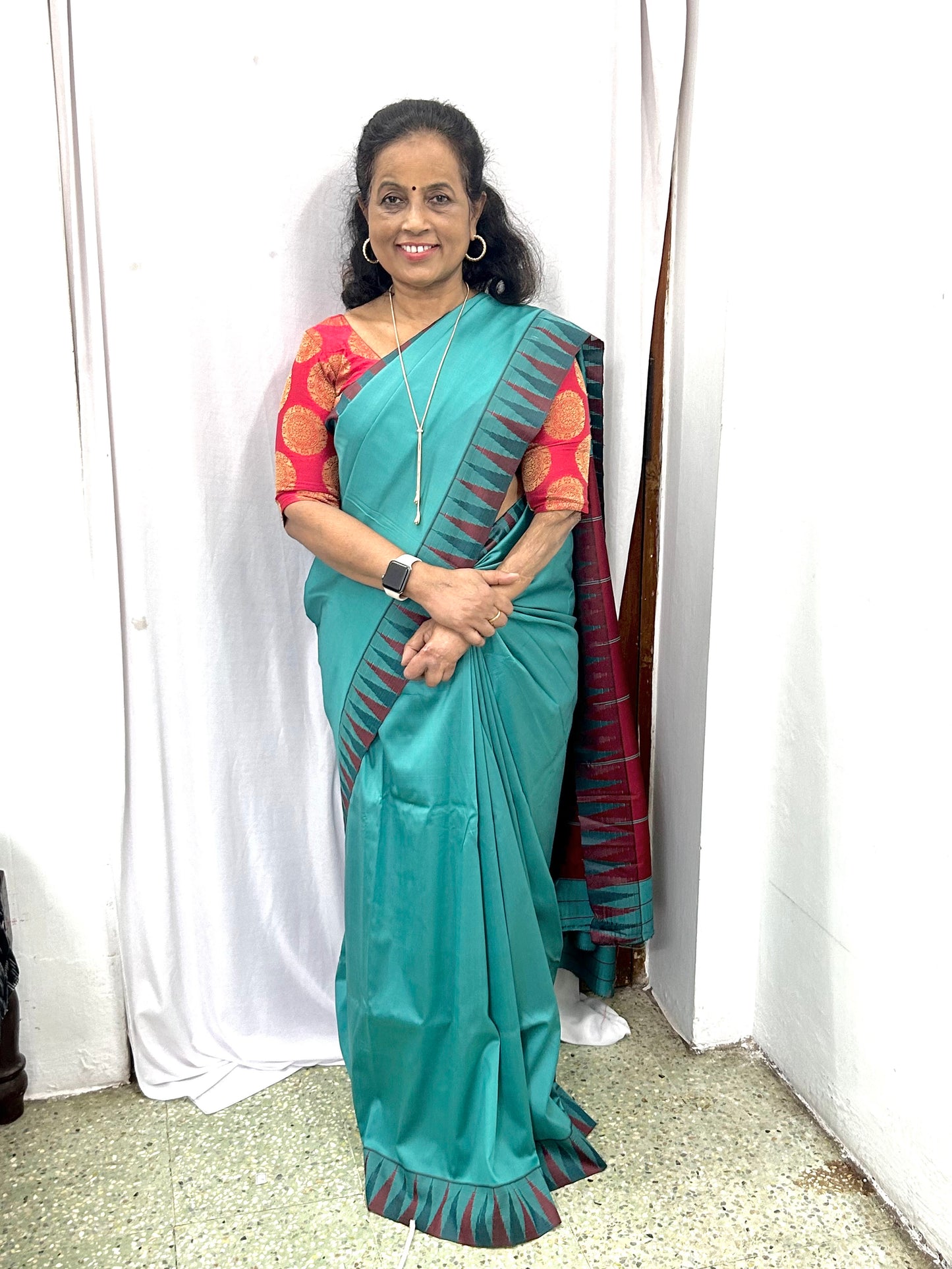 Ahana Turquoise Semi Soft Silk Saree with Maroon border