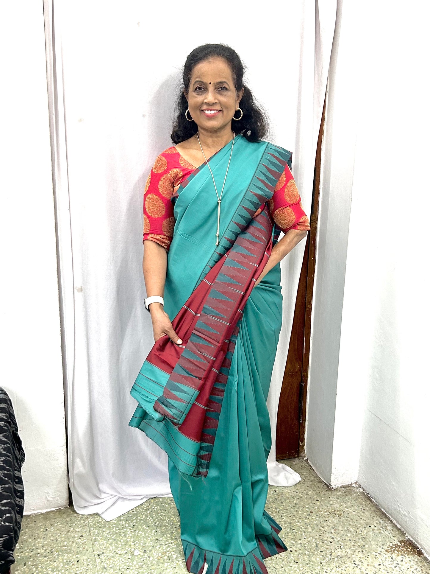 Ahana Turquoise Semi Soft Silk Saree with Maroon border