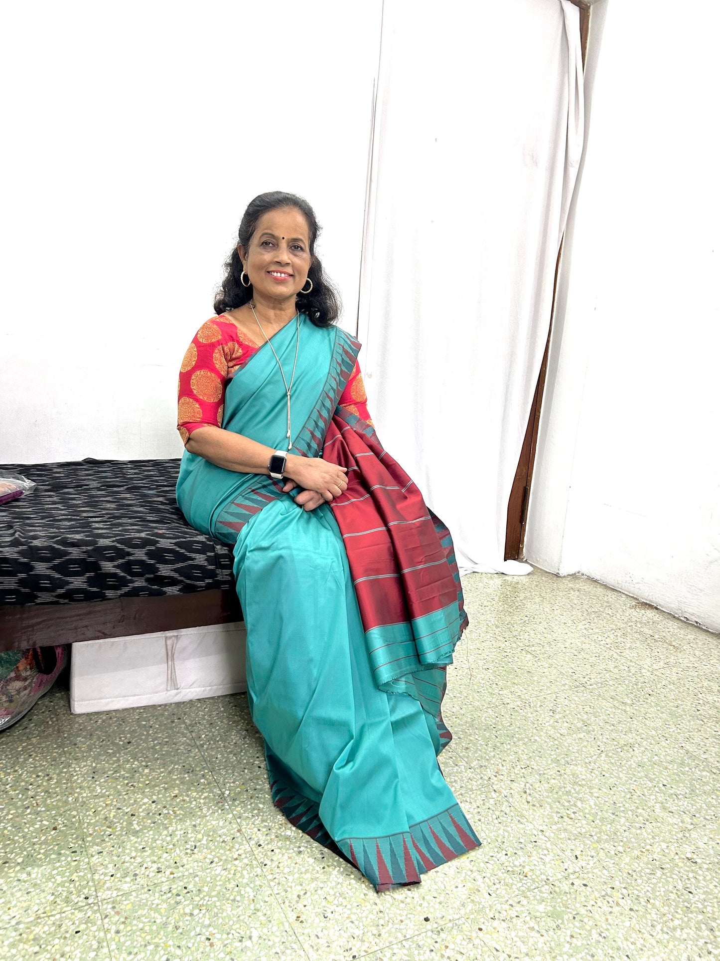 Ahana Turquoise Semi Soft Silk Saree with Maroon border