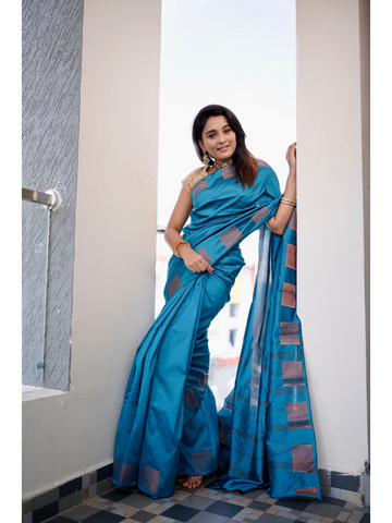 Ahaana Blue   soft silk Saree with gold prints border