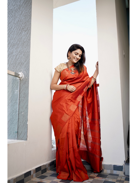 Ahaana Red soft silk Saree with gold prints border