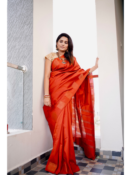 Ahaana Red soft silk Saree with gold prints border