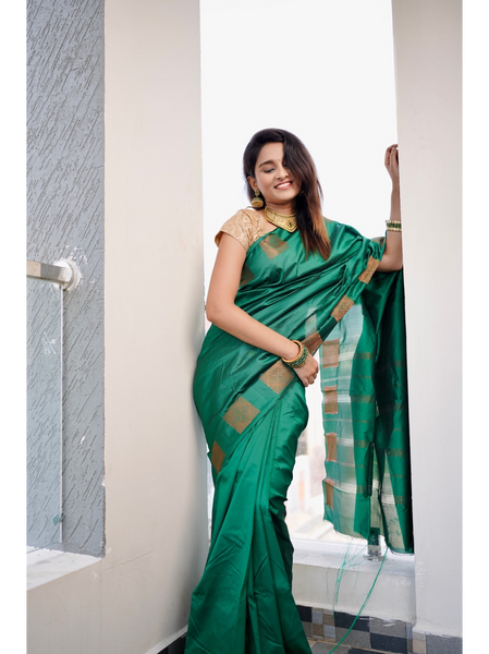 Ahaana Green  soft silk Saree with gold prints border