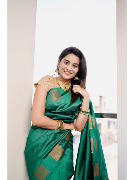 Ahaana Green  soft silk Saree with gold prints border