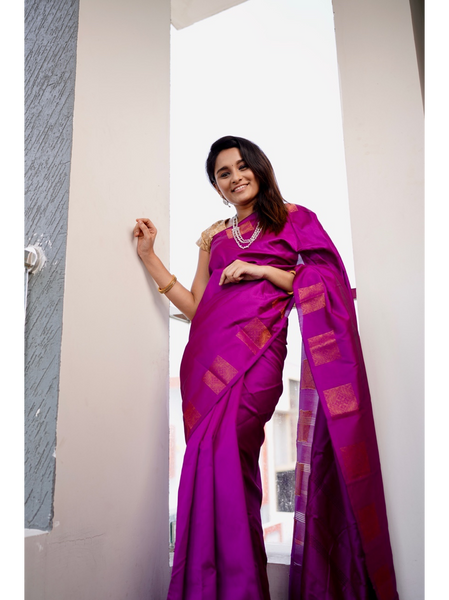 Ahaana Pink soft silk Saree with gold prints border