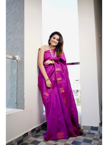 Ahaana Pink soft silk Saree with gold prints border