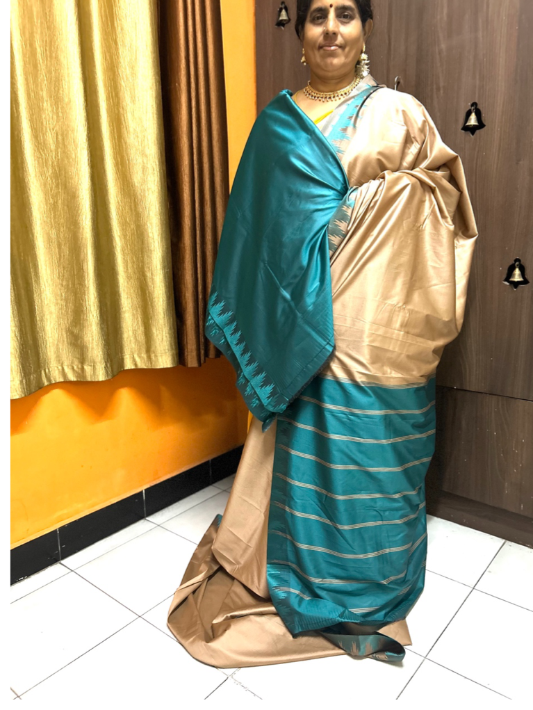 Ahaana beige soft silk saree with Teal border