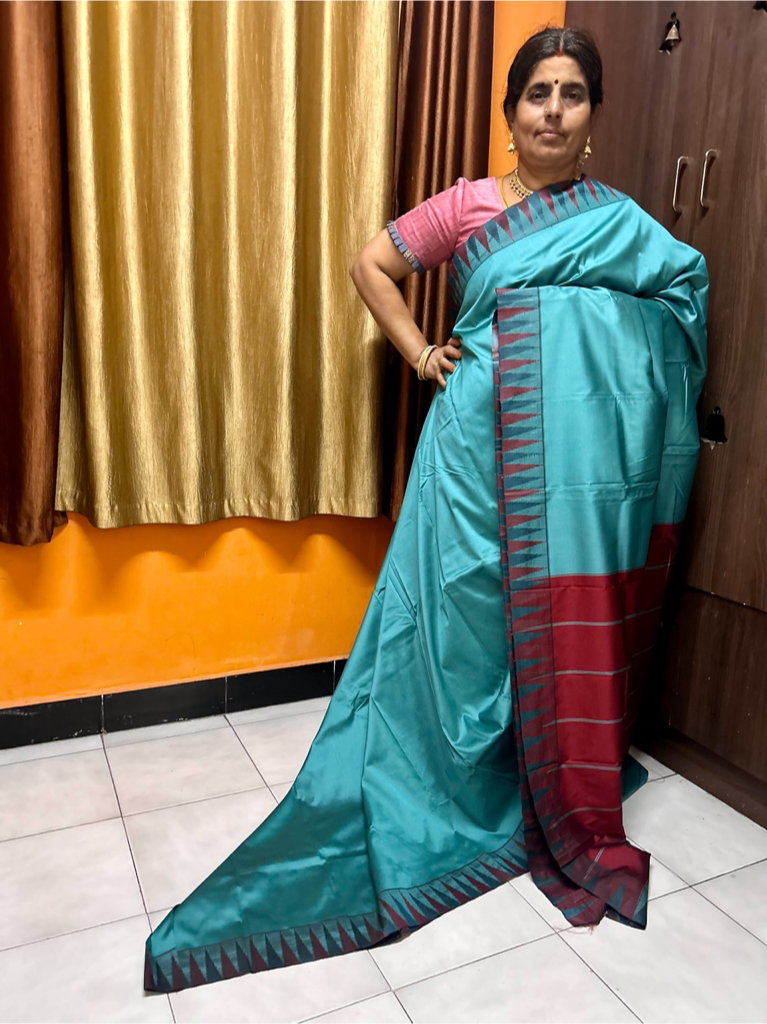 Ahaana Turquoise Soft Silk Saree with Maroon border