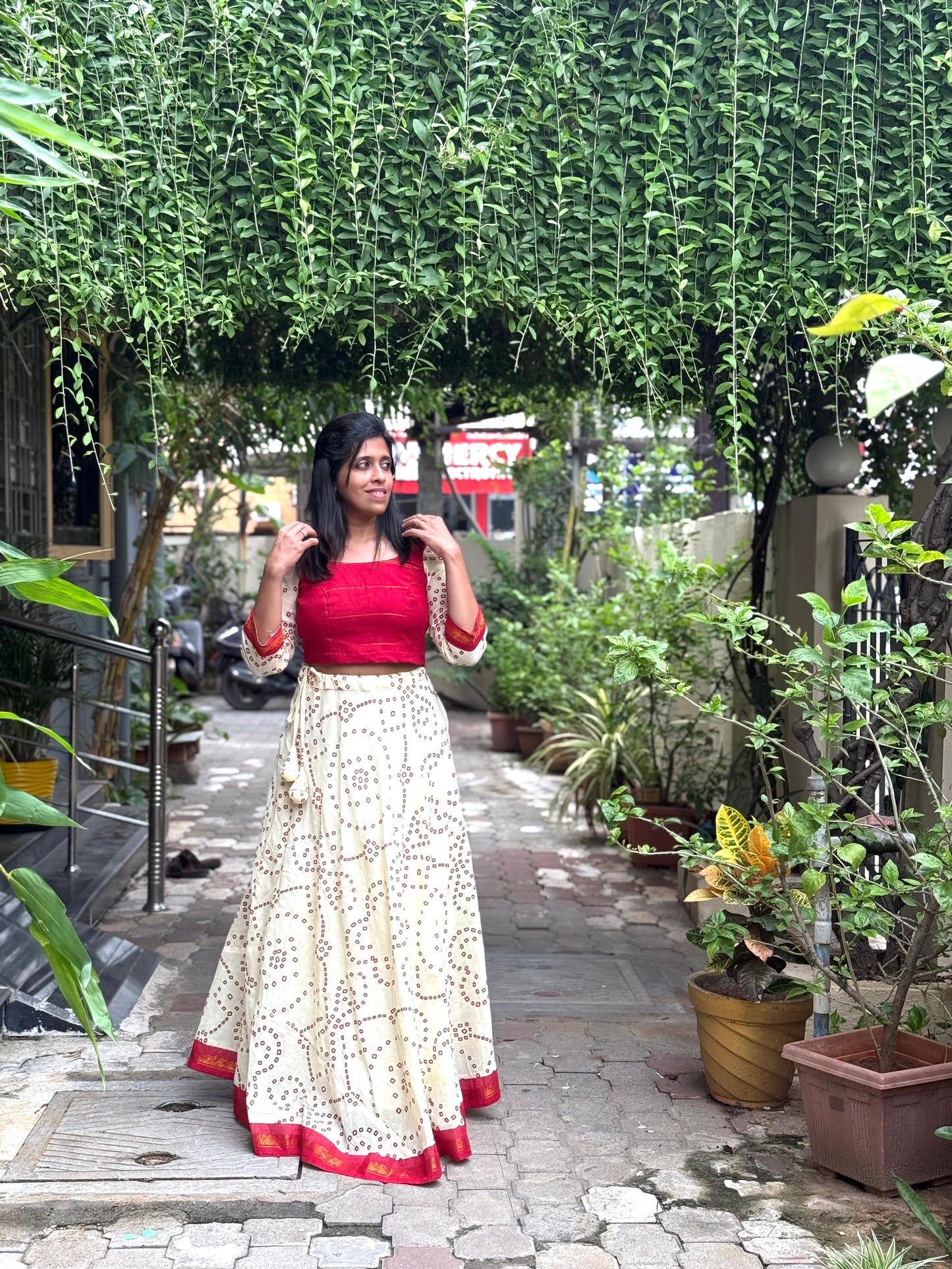 Madhuri Sungudi Long Skirt &  Bow Top White & Red