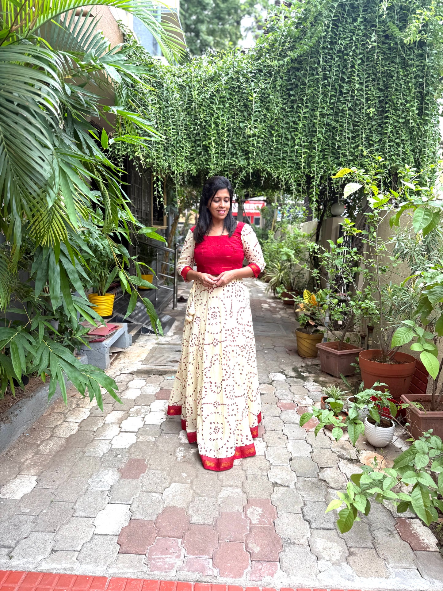 Madhuri Sungudi Long Skirt &  Bow Top White & Red