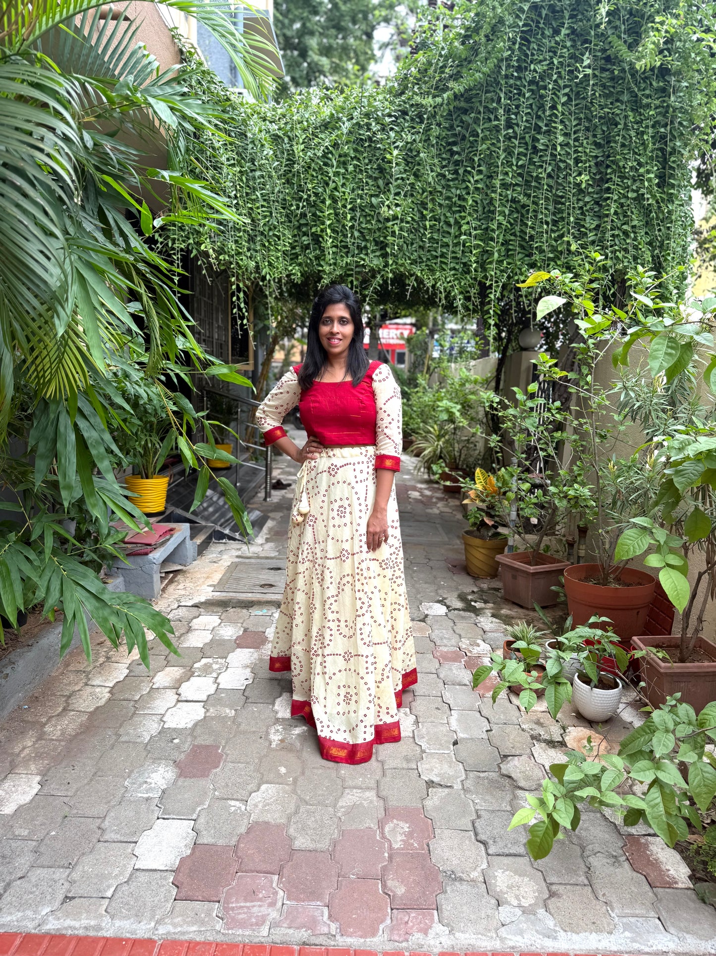 Madhuri Sungudi Long Skirt &  Bow Top White & Red