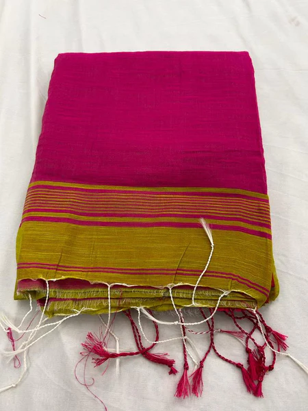Amrutha Khadi Silk Woven  Green saree  pink border