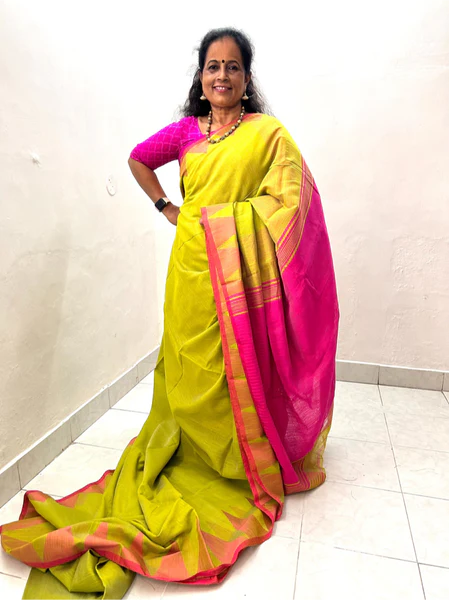 Amrutha Khadi Silk Woven  Green saree  pink border