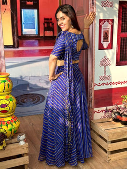 Chiffon Bhandhani print Pre draped Saree - Blue