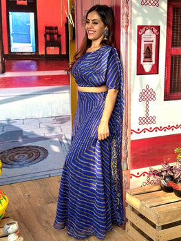 Chiffon Bhandhani print Pre draped Saree - Blue