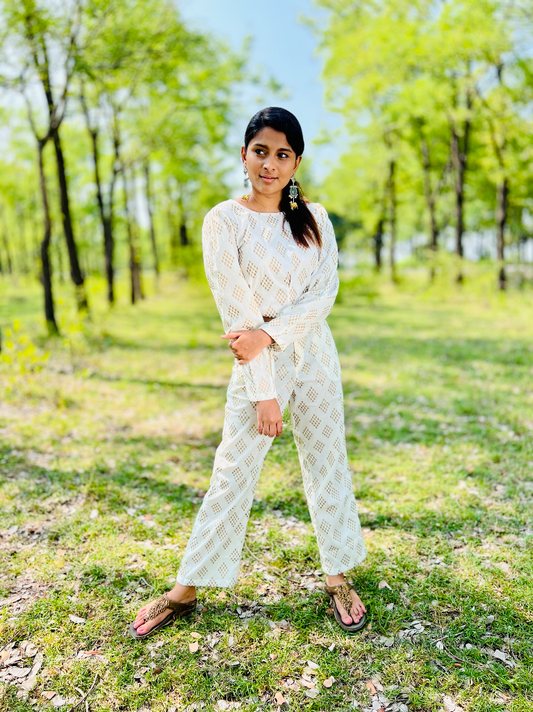 Culver City Festive  Semi silk Coords Pant set - White