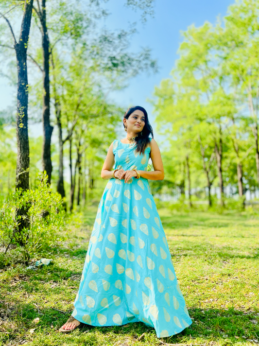 Gold Print Maci Dress - Sky Blue