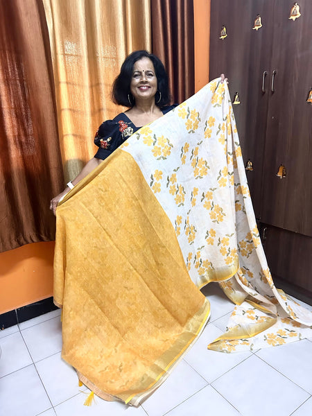 Semi Tussar Silk Saree -White & Yellow