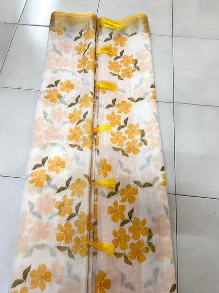 Semi Tussar Silk Saree -White & Yellow