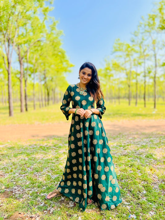 Gold Print Maxi Dress - Bottle Green