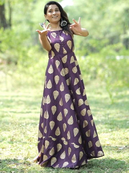 Gold Print Maxi Dress - Deep purple