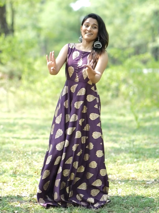 Gold Print Maxi Dress - Deep purple