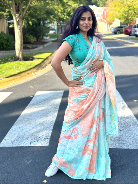 Yuvi Tie and dye Marble Saree Turquoise