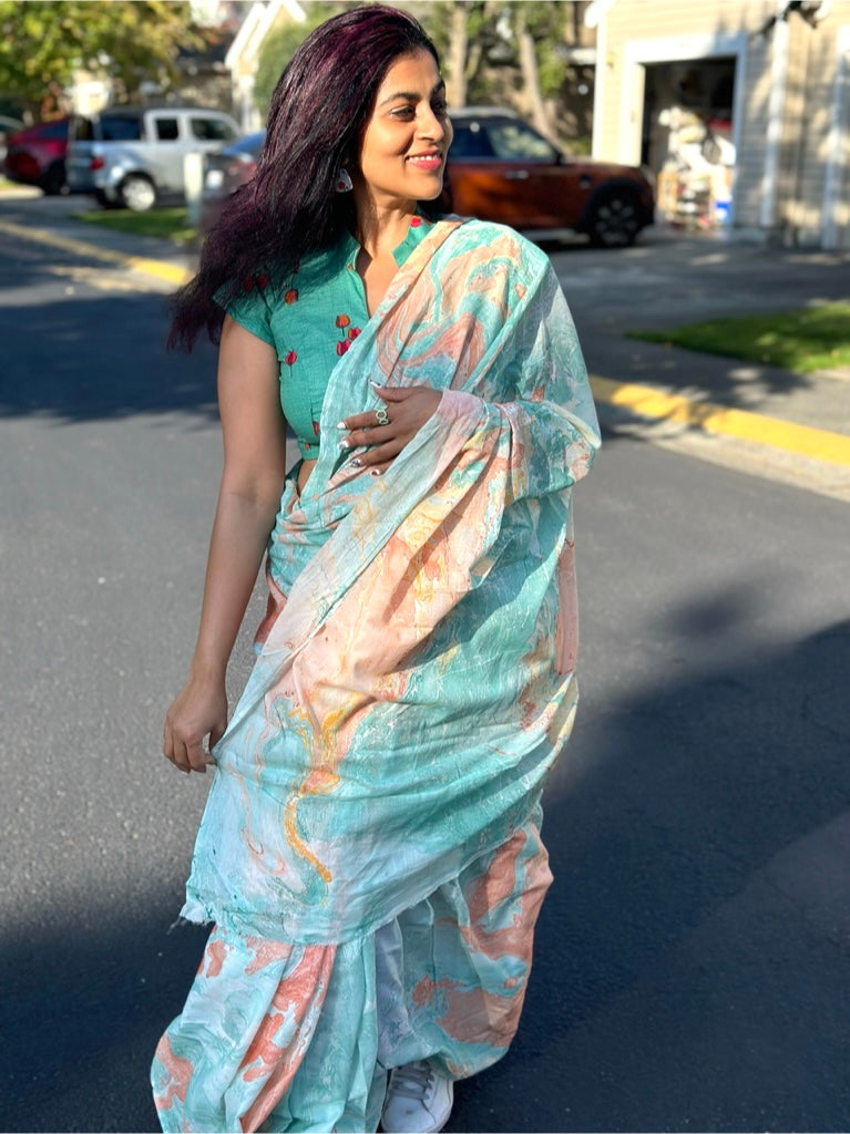 Yuvi Tie and dye Marble Saree Turquoise