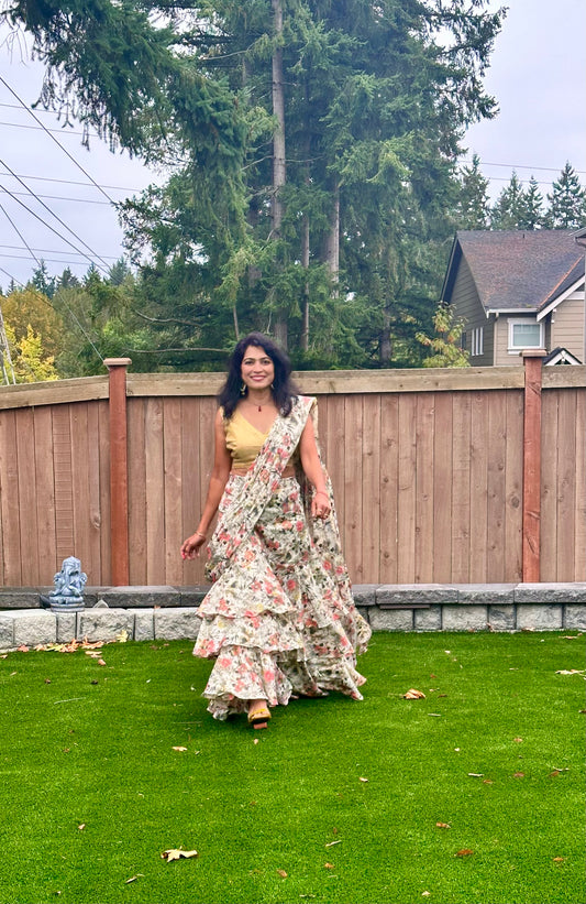 Romanian Ruffle Lehenga  Floral Saree Dress