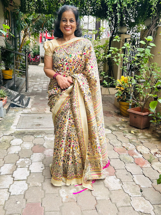 Pune Silk Beige with magnta  print