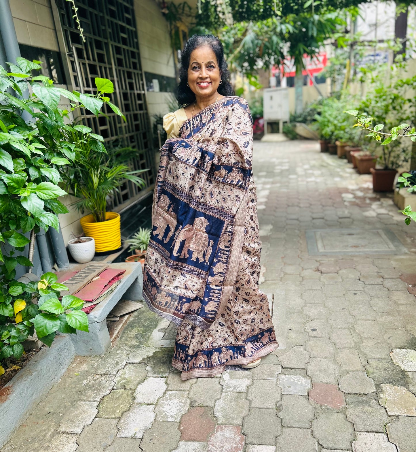 Pune Silk Beige with Blue Print