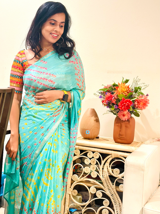 Padmavati Bhandhani Saree Teal with plain blouse