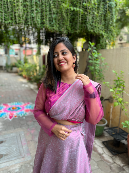Pre draped Banarazi Saree Dress - Gray and Pink