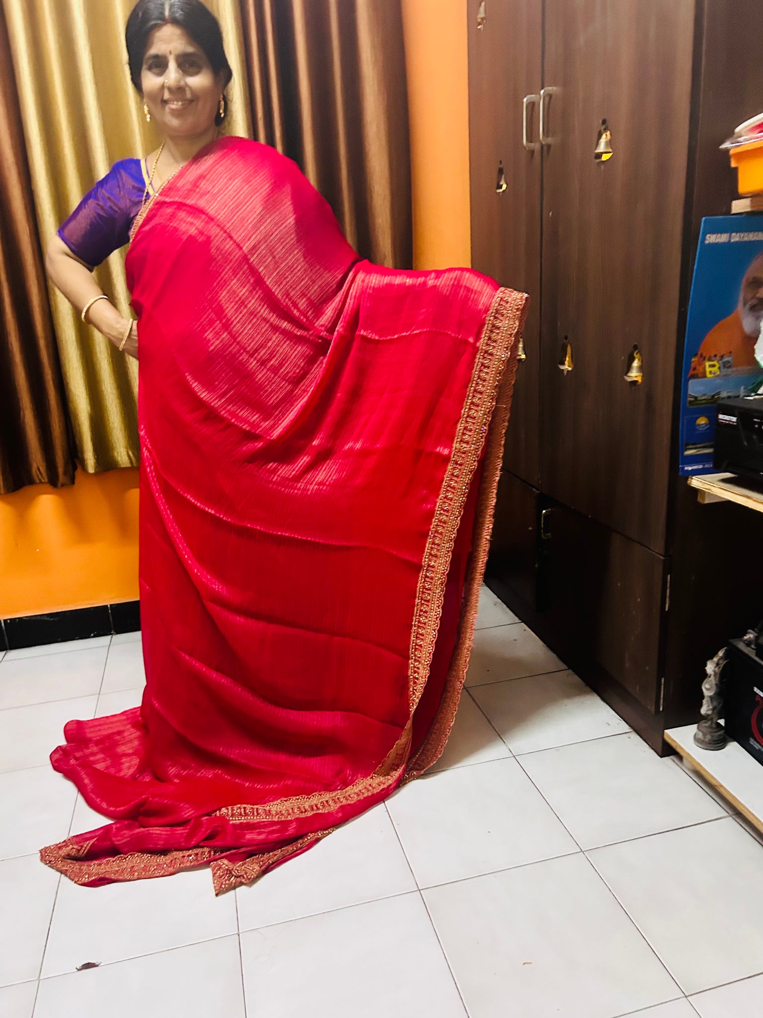 Red designer saree with red design blouse