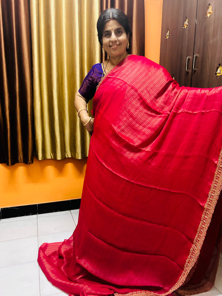 Red designer saree with red design blouse