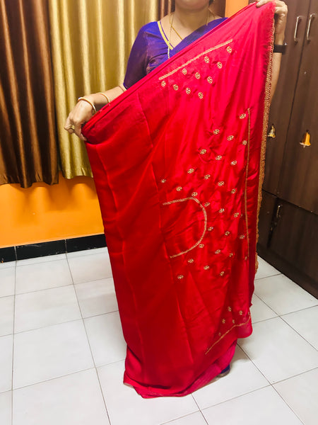 Red designer saree with red design blouse