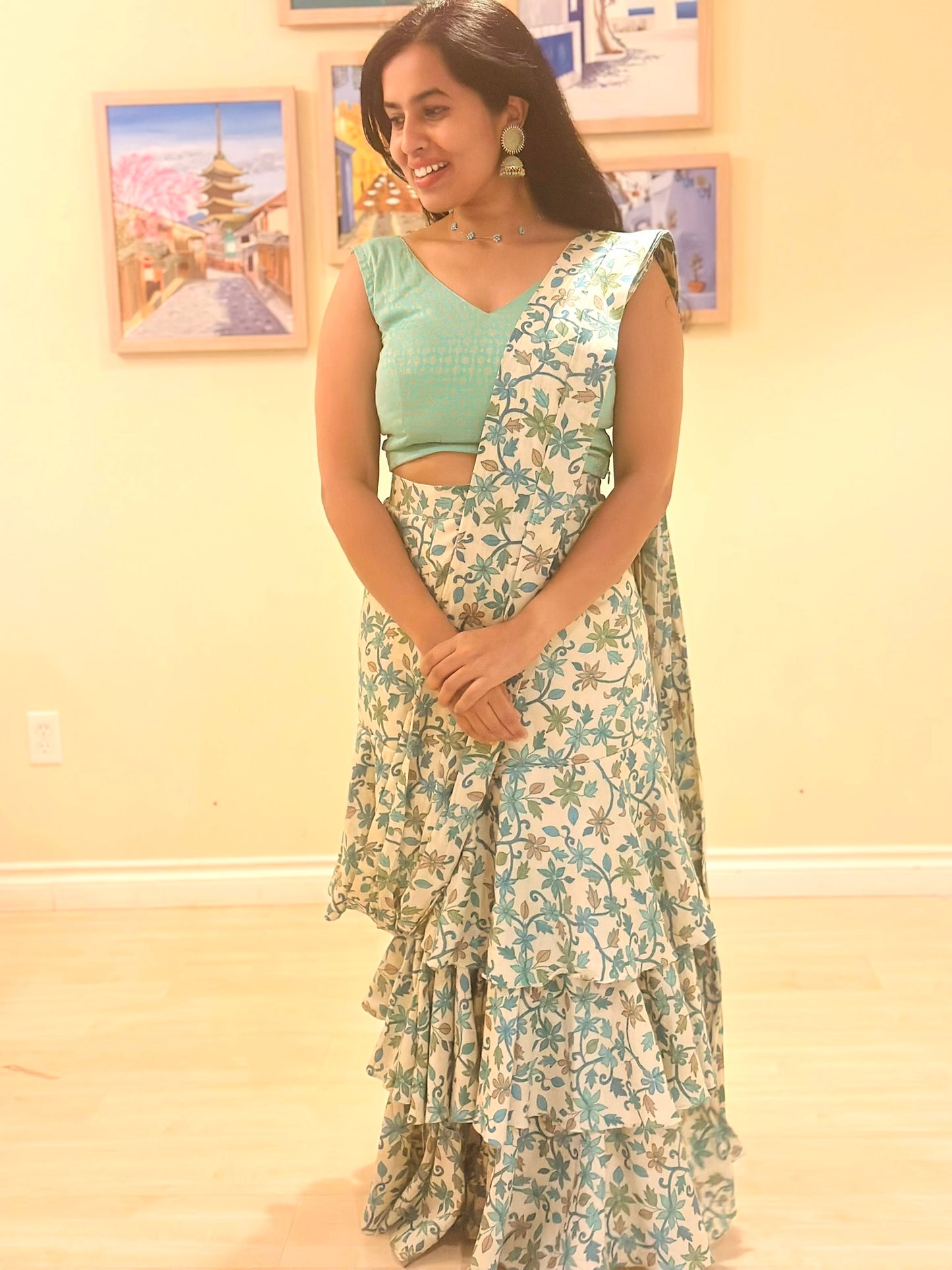 Romanian Ruffle Floral Lehenga saree - Semi Brocade Blouse