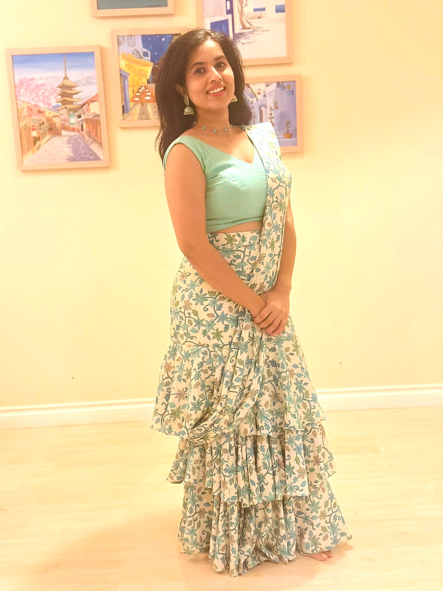 Romanian Ruffle Floral Lehenga saree - Semi Brocade Blouse