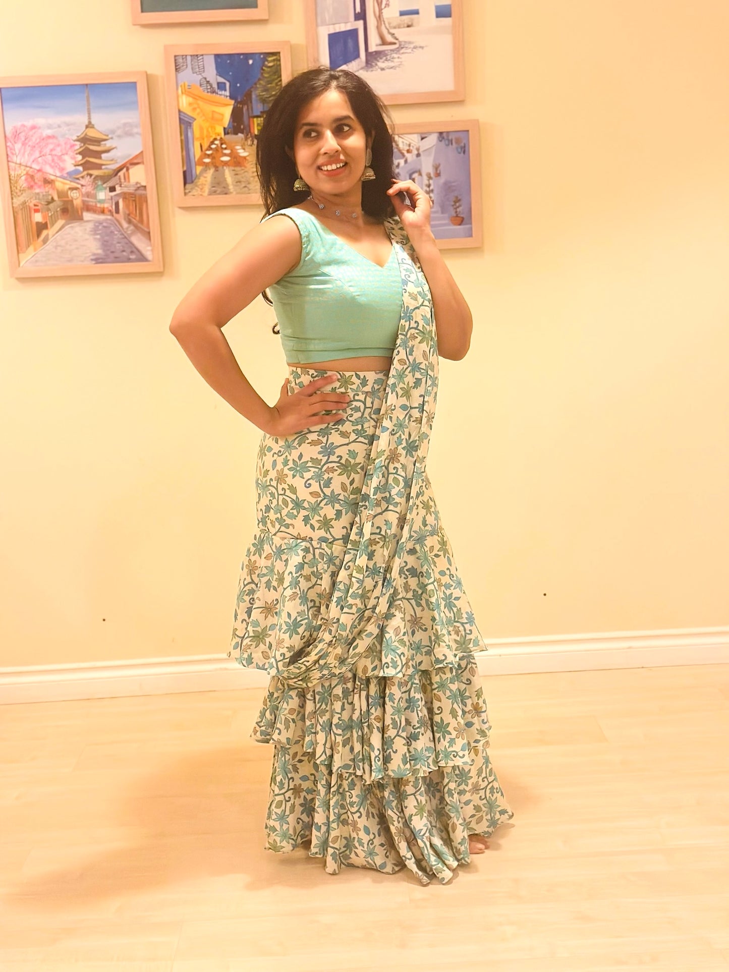 Romanian Ruffle Floral Lehenga saree - Semi Brocade Blouse