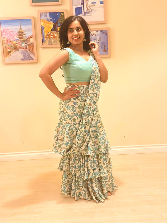 Romanian Ruffle Floral Lehenga saree - Semi Brocade Blouse