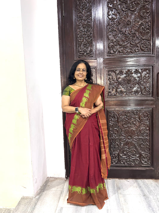 Chettinad Cotton Saree - Maroon with elephant border