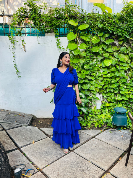 Romanian Ruffle Lehenga saree dress - Royal Blue