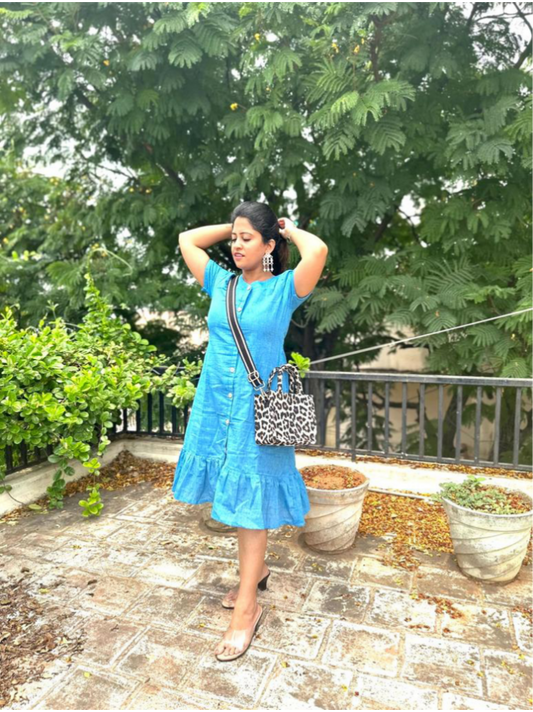 Romanian Ruffle plain dress - Blue