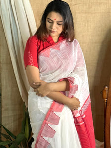 Amrutha Khadi Silk Woven Saree - white and red