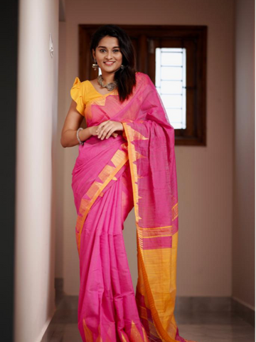 Amrutha Khadi Silk Woven Saree - Pink Yellow