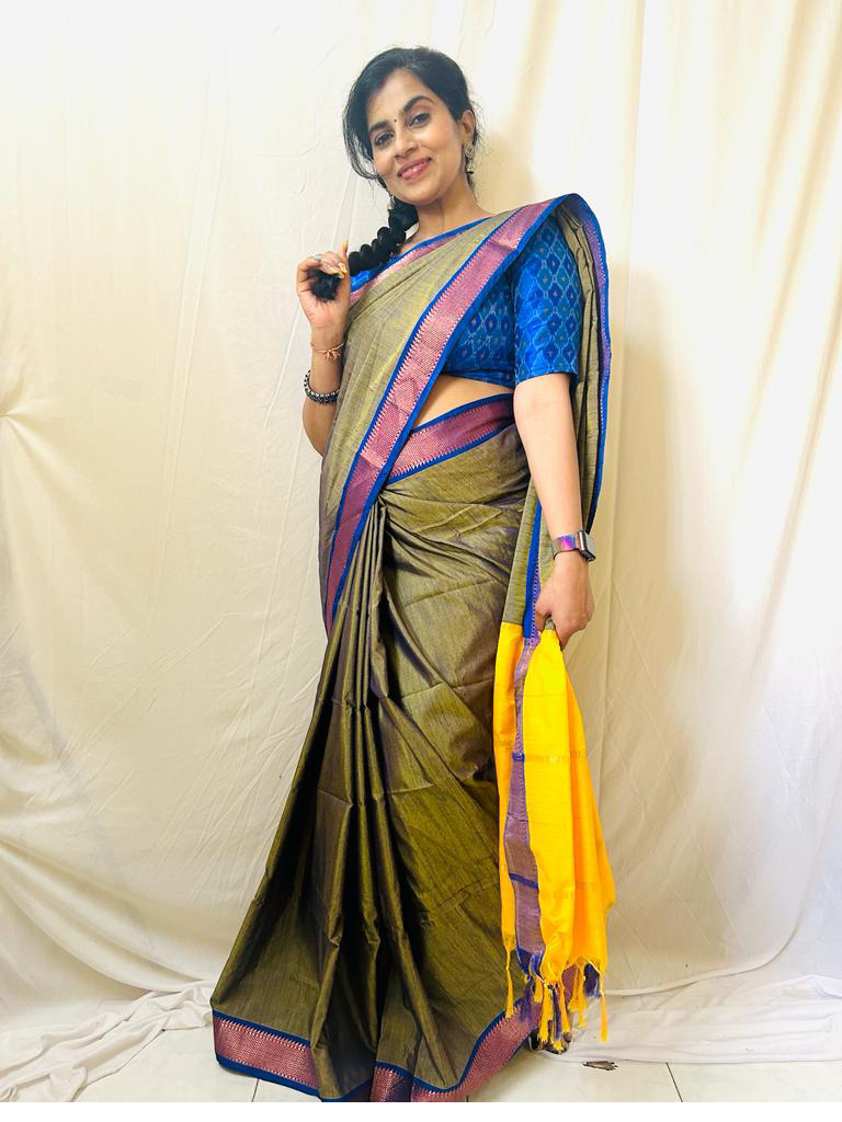 Aahana Olive green Soft Silk Saree with Yellow blouse