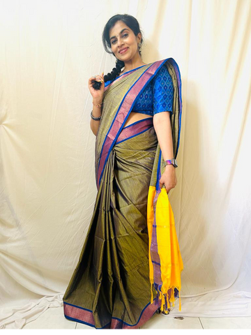 Aahana Olive green Soft Silk Saree with Yellow blouse