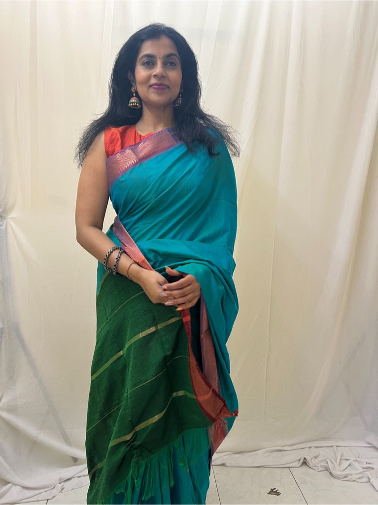 Ahaana -  Teal Soft Silk Sree with Green Blouse