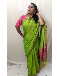 Ahaana - Green Soft Silk Saree with Pink Blouse