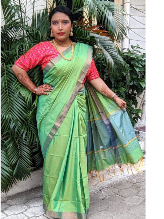 Ahana Green Semi soft silk saree with light blue blouse